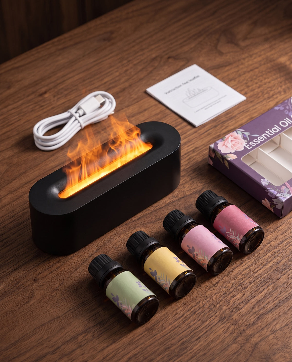 What's in the box: flame diffuser, four 10ml aroma oils in a gift box, USB-C cable and instructions