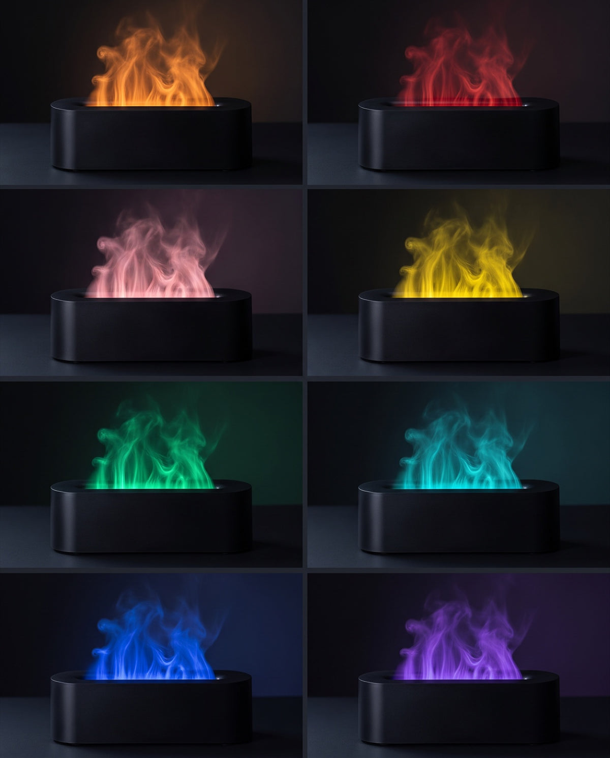 The flame diffuser in all 8 flame colours